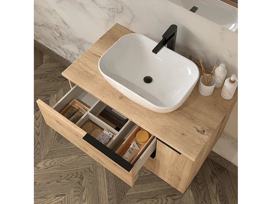 Meuble de salle de bain sans miroir avec vasque à poser arrondie KING - Roble (chêne clair) - 80cm