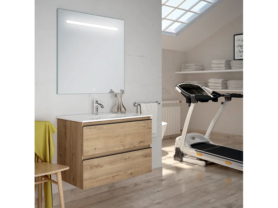 Meuble de salle de bain simple vasque - 2 tiroirs - TOURA et miroir Led STAM - 80cm