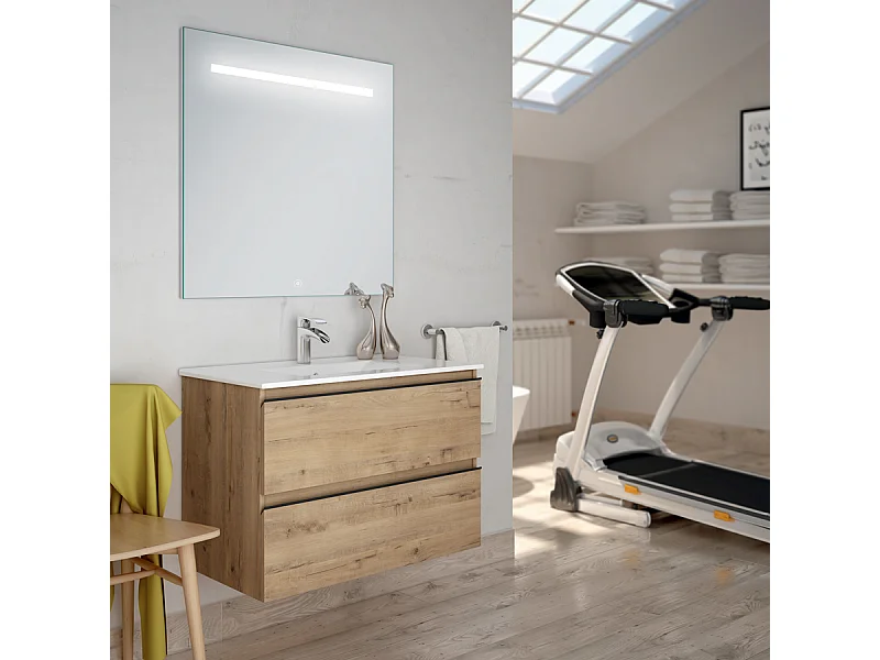 Meuble de salle de bain simple vasque - 2 tiroirs - TOURA et miroir Led STAM - 80cm