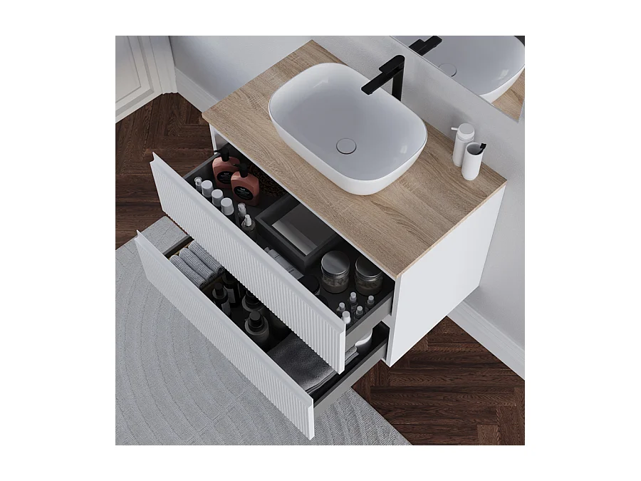 Meuble de salle de bain 80cm avec plateau et vasque à poser arrondie - 2 tiroirs - cambrian (chêne clair) - RIBERA