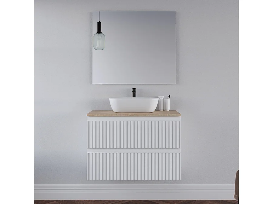 Meuble de salle de bain 80cm avec plateau et vasque à poser arrondie - 2 tiroirs - cambrian (chêne clair) - RIBERA