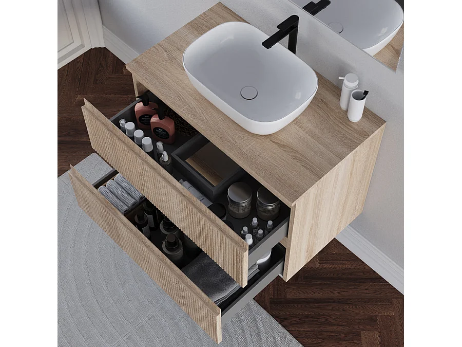 Meuble de salle de bain 80cm avec plateau et vasque à poser arrondie - 2 tiroirs - cambrian (chêne clair) - RIBERA