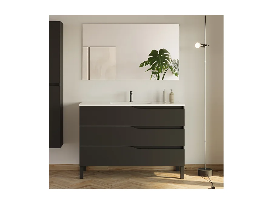 Meuble de salle de bain 120cm simple vasque - 3 tiroirs - noir - MATA
