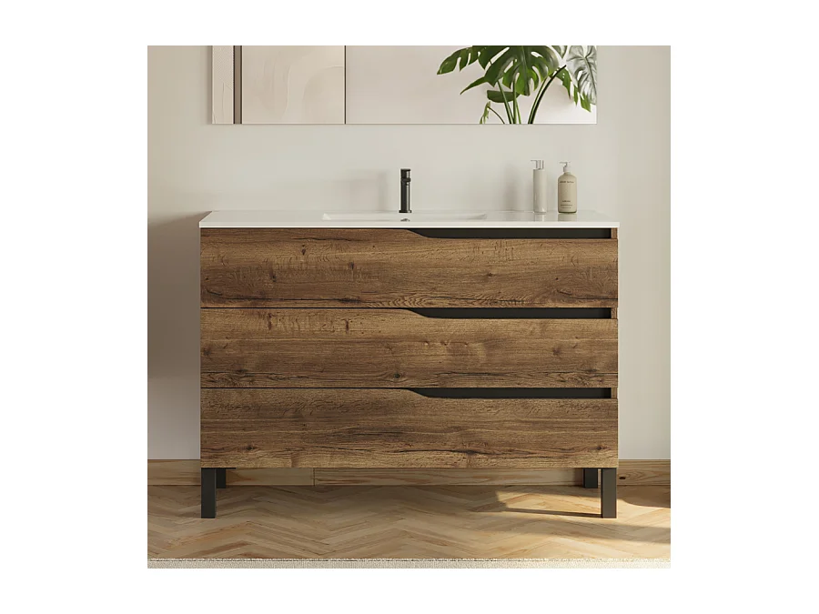 Meuble de salle de bain 120cm simple vasque - 3 tiroirs - noir - MATA