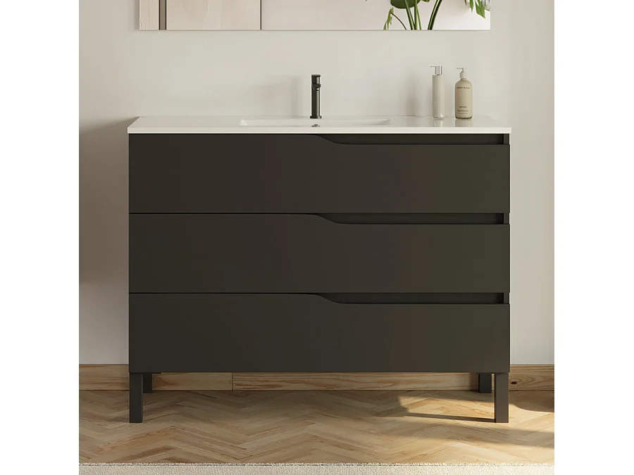 Meuble de salle de bain 100cm simple vasque - 3 tiroirs - sans miroir - noir - MATA
