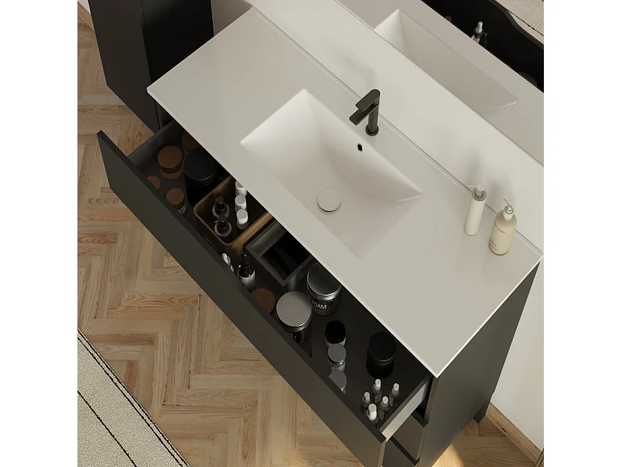 Meuble de salle de bain 100cm simple vasque - 3 tiroirs - sans miroir - noir - MATA