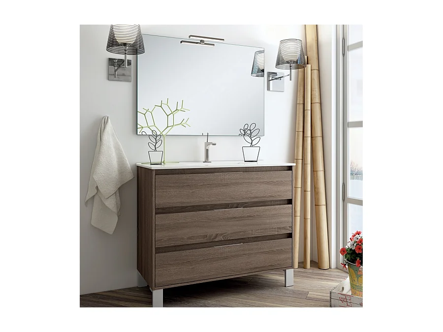 Meuble de salle de bain 80cm simple vasque - 3 tiroirs - TIRIS 3C - britannia (chêne foncé)