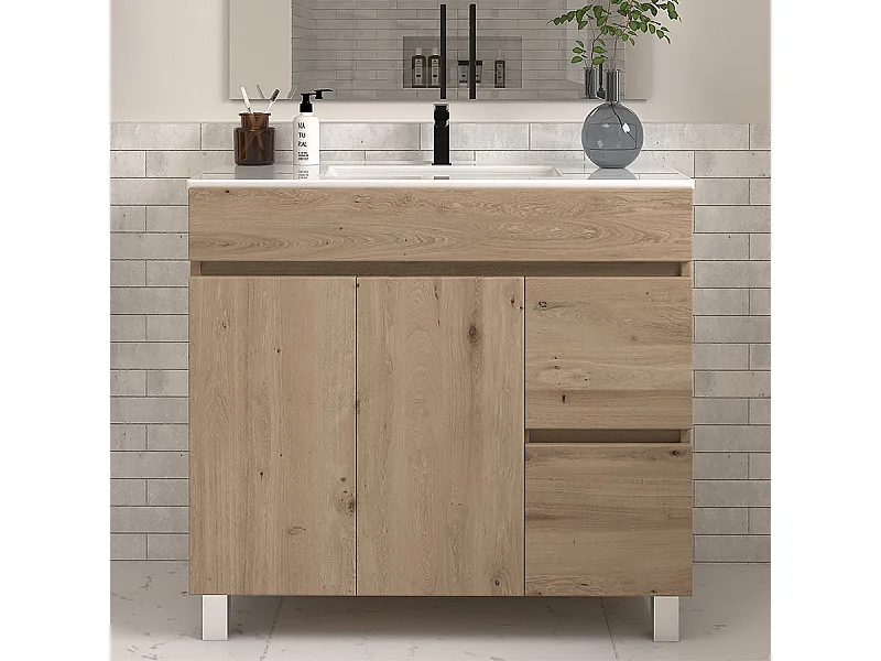 Meuble de salle de bain 80cm simple vasque sans miroir sur pieds avec portes et tiroirs - cambrian (chêne clair) - HARO