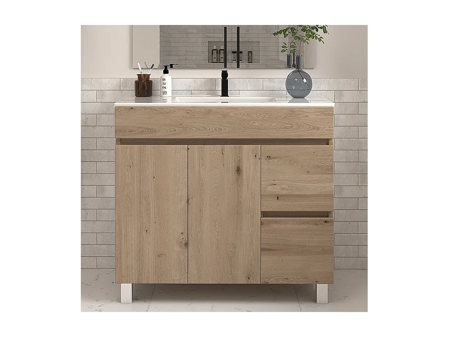 Meuble de salle de bain 80cm simple vasque sans miroir sur pieds avec portes et tiroirs - cambrian (chêne clair) - HARO