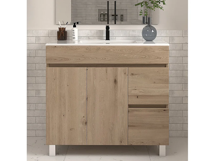 Meuble de salle de bain 80cm simple vasque sans miroir sur pieds avec portes et tiroirs - cambrian (chêne clair) - HARO