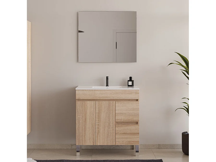 Meuble de salle de bain 80cm simple vasque sans miroir sur pieds avec portes et tiroirs - cambrian (chêne clair) - HARO