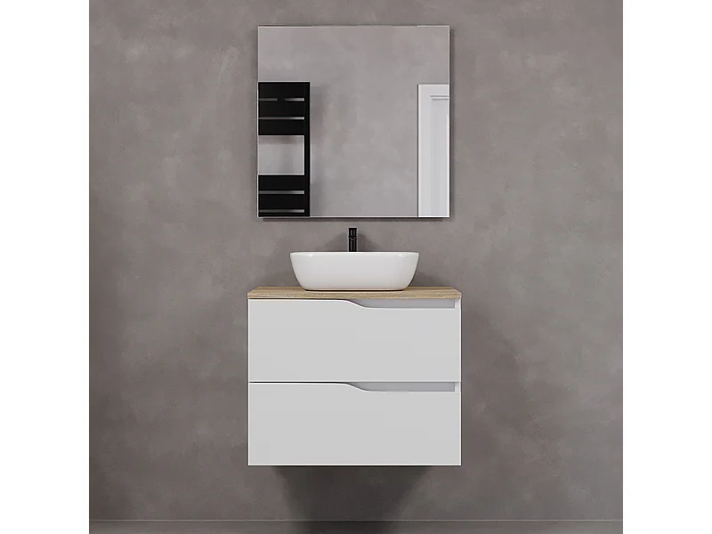 Meuble de salle de bain 70cm avec plateau miel et vasque à poser zeus - 2 tiroirs - blanc - LUNA