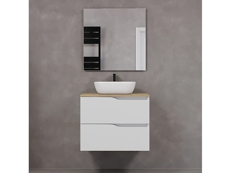 Meuble de salle de bain 70cm avec plateau miel et vasque à poser zeus - 2 tiroirs - blanc - LUNA