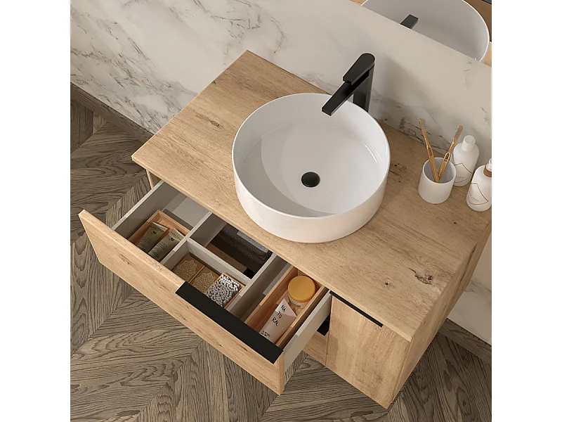 Meuble de salle de bain avec vasque à poser ronde et miroir avec armoirette KING - Roble (chêne clair) - 80cm