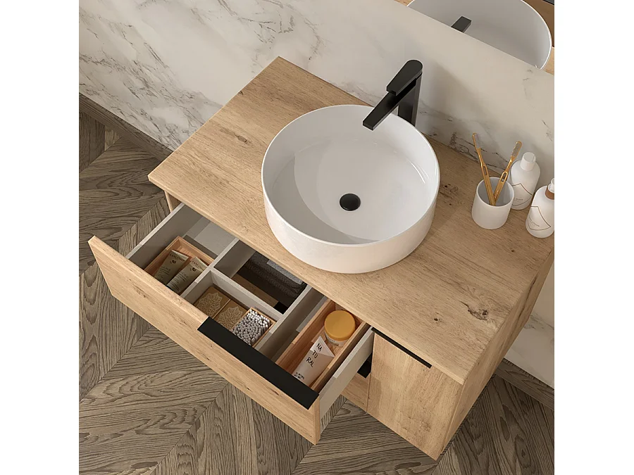 Meuble de salle de bain avec vasque à poser ronde et miroir avec armoirette KING - Roble (chêne clair) - 80cm