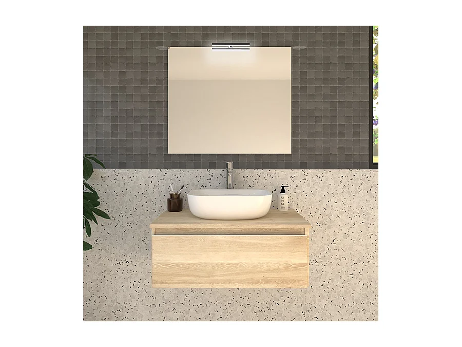 Meuble de salle de bain 1 tiroir avec vasque à poser arrondie PENA et miroir avec applique - Bambou (chêne clair) - 80cm