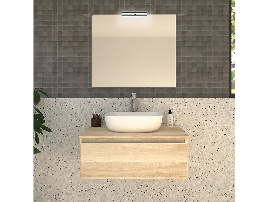 Meuble de salle de bain 1 tiroir avec vasque à poser arrondie PENA et miroir avec applique - Bambou (chêne clair) - 80cm