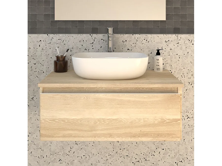 Meuble de salle de bain 1 tiroir avec vasque à poser arrondie PENA et miroir avec applique - Bambou (chêne clair) - 80cm