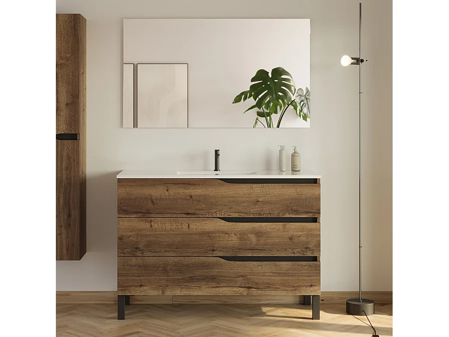 Meuble de salle de bain 120cm simple vasque - 3 tiroirs - tabaco (bois foncé) - MATA