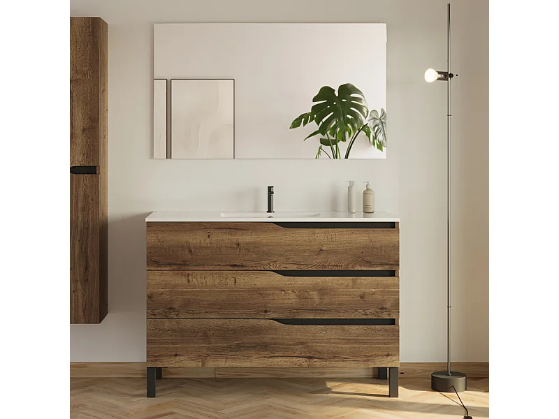 Meuble de salle de bain 120cm simple vasque - 3 tiroirs - tabaco (bois foncé) - MATA