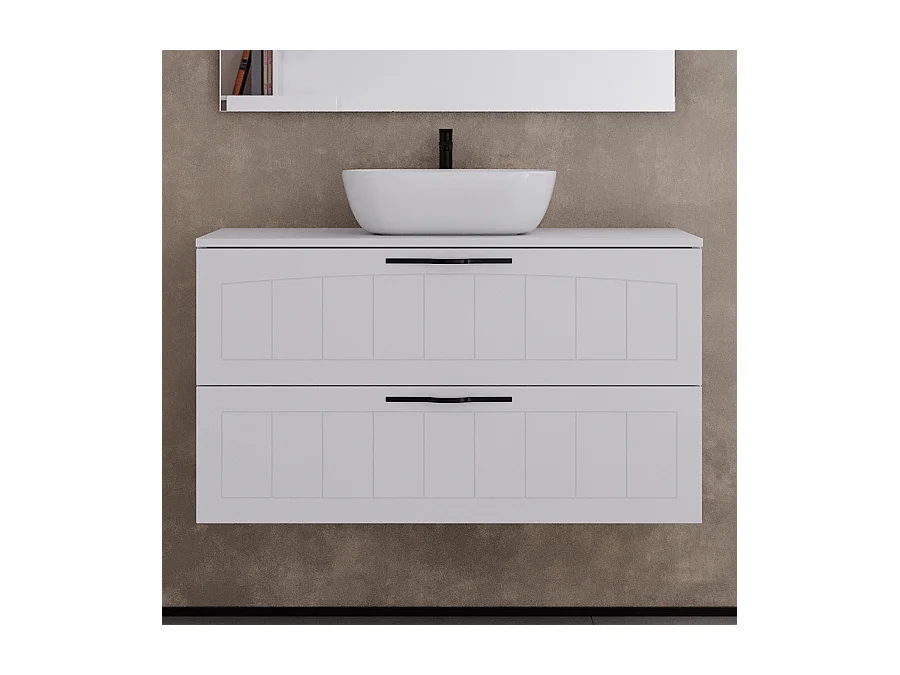 Meuble de salle de bain 100cm avec plateau et vasque à poser ovale - 2 tiroirs - sans miroir - blanc - PIA