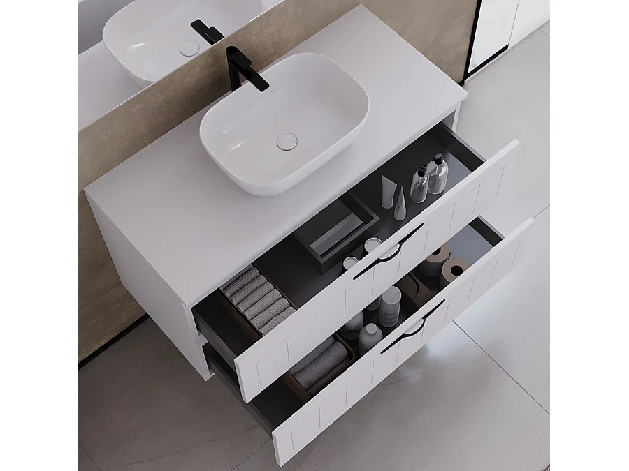 Meuble de salle de bain 100cm avec plateau et vasque à poser ovale - 2 tiroirs - sans miroir - blanc - PIA