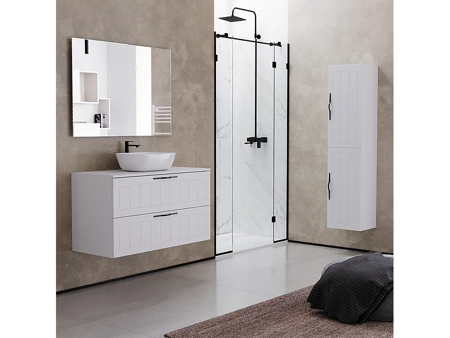 Meuble de salle de bain 100cm avec plateau et vasque à poser ovale - 2 tiroirs - sans miroir - blanc - PIA