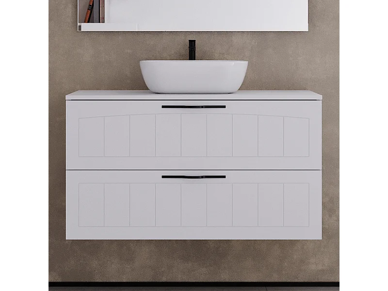 Meuble de salle de bain 100cm avec plateau et vasque à poser ovale - 2 tiroirs - sans miroir - blanc - PIA