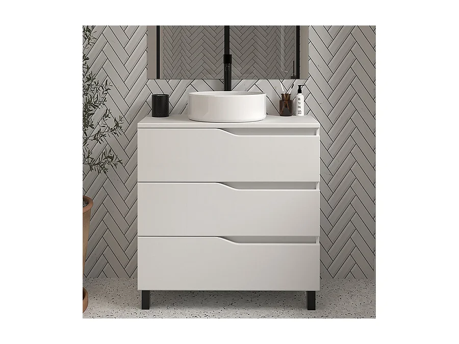 Meuble de salle de bain 60 avec plateau et vasque à poser - sans miroir - 3 tiroirs - blanc - MATA