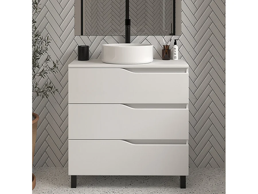 Meuble de salle de bain 60 avec plateau et vasque à poser - sans miroir - 3 tiroirs - blanc - MATA