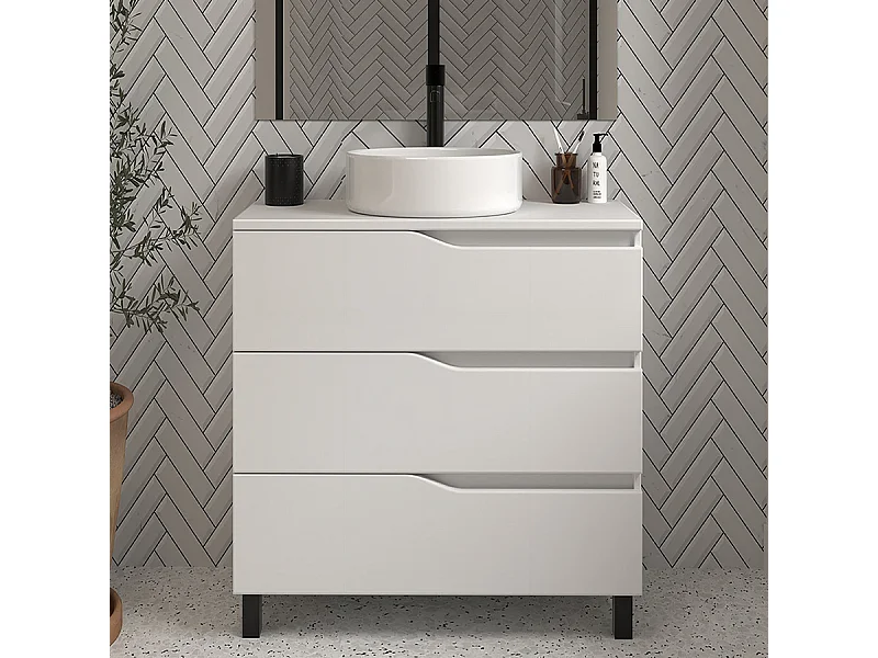 Meuble de salle de bain 60 avec plateau et vasque à poser - sans miroir - 3 tiroirs - blanc - MATA