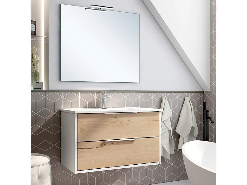 Meuble de salle de bain 80cm simple vasque - 2 tiroirs - ALBA - blanc/roble