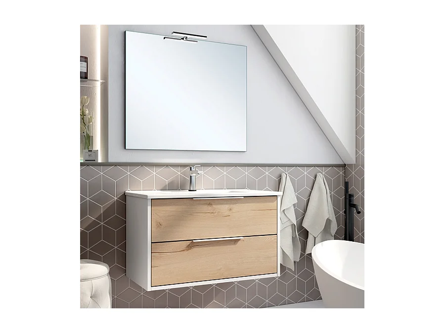 Meuble de salle de bain 80cm simple vasque - 2 tiroirs - ALBA - blanc/roble