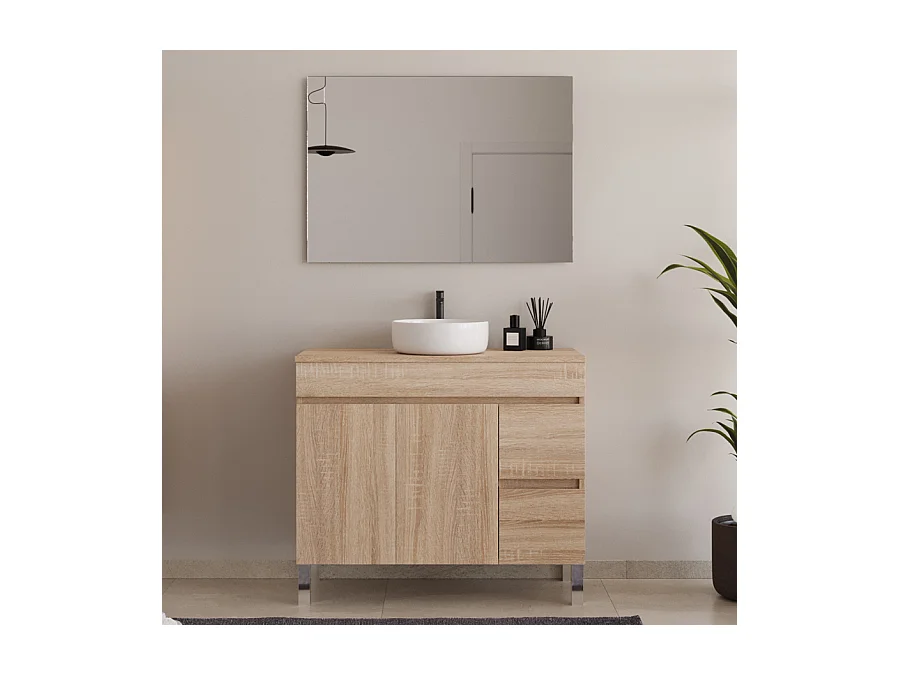 Meuble de salle de bain 100cm sur pieds avec plateau et une cuve à poser ronde - portes et tiroirs - cambrian (chêne clair) - HARO