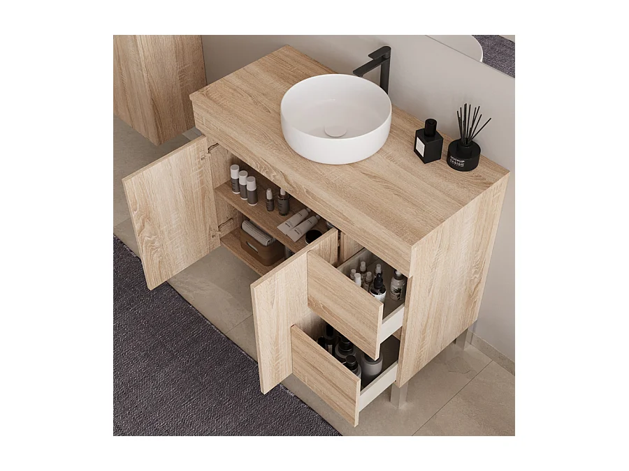 Meuble de salle de bain 100cm sur pieds avec plateau et une cuve à poser ronde - portes et tiroirs - cambrian (chêne clair) - HARO