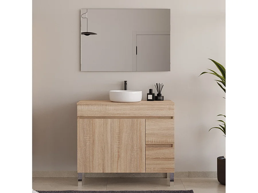 Meuble de salle de bain 100cm sur pieds avec plateau et une cuve à poser ronde - portes et tiroirs - cambrian (chêne clair) - HARO
