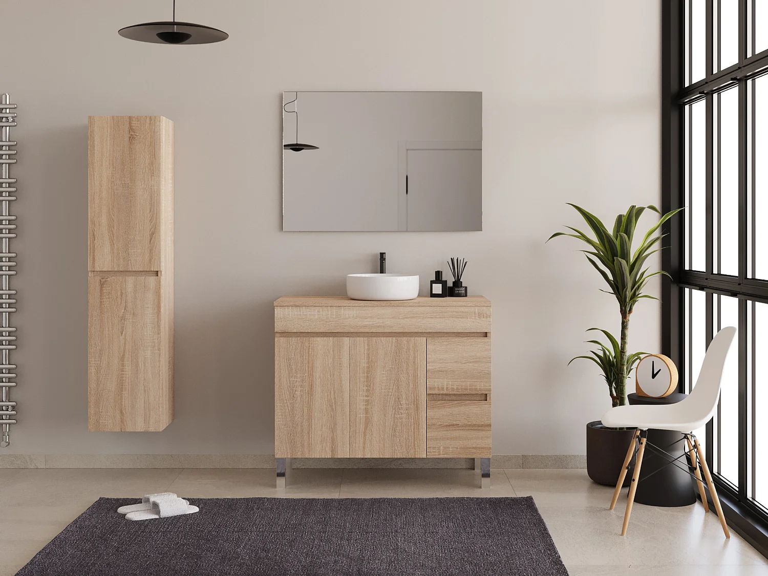 Meuble de salle de bain 100cm sur pieds avec plateau et une cuve à poser ronde - portes et tiroirs - cambrian (chêne clair) - HARO