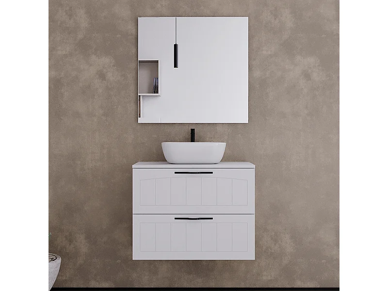 Meuble de salle de bain 60cm avec plateau et vasque à poser ovale - 2 tiroirs - blanc - PIA