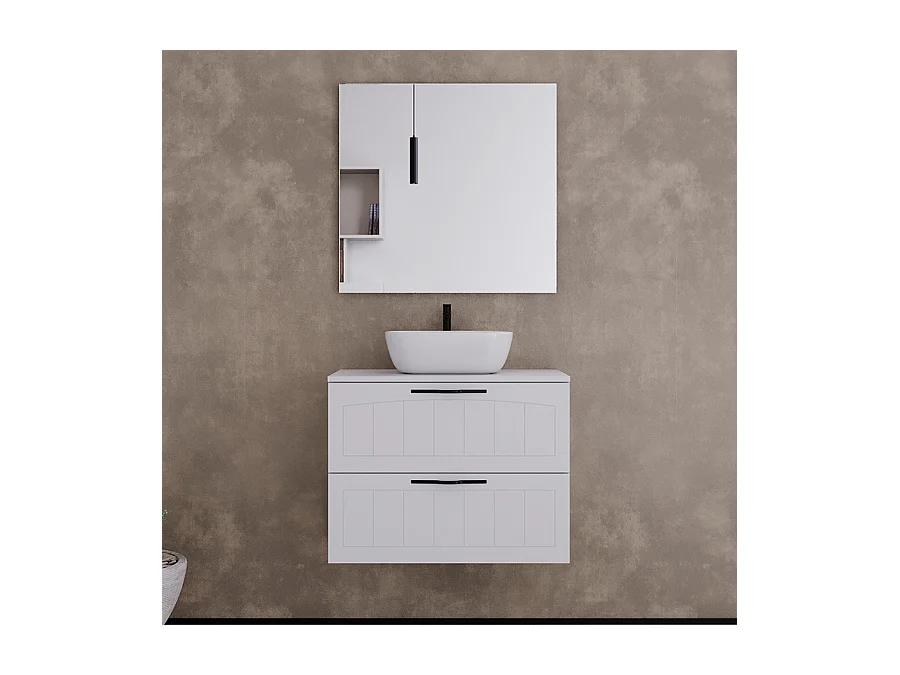 Meuble de salle de bain 60cm avec plateau et vasque à poser ovale - 2 tiroirs - blanc - PIA