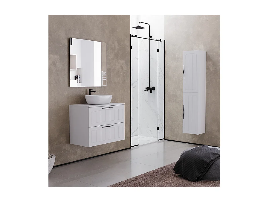Meuble de salle de bain 60cm avec plateau et vasque à poser ovale - 2 tiroirs - blanc - PIA