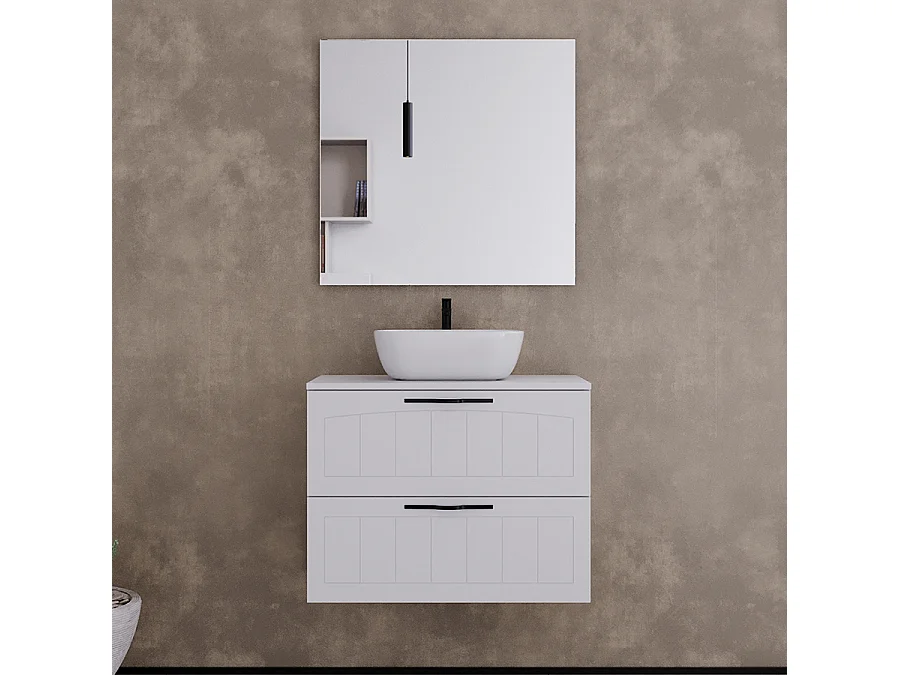 Meuble de salle de bain 60cm avec plateau et vasque à poser ovale - 2 tiroirs - blanc - PIA