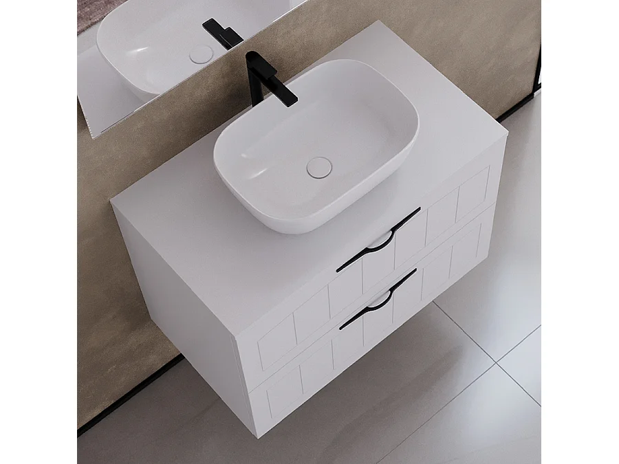 Meuble de salle de bain 60cm avec plateau et vasque à poser ovale - 2 tiroirs - blanc - PIA