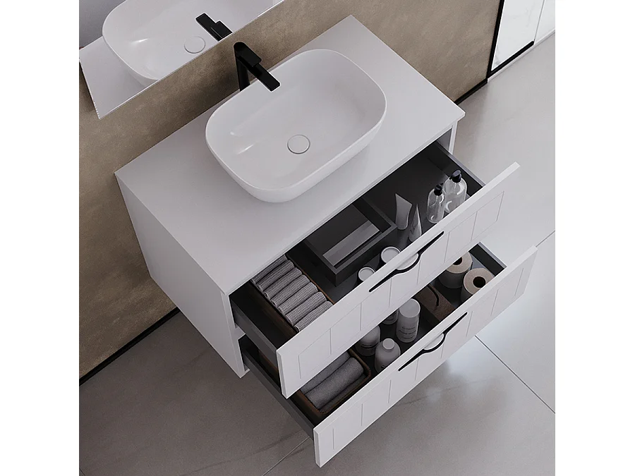 Meuble de salle de bain 60cm avec plateau et vasque à poser ovale - 2 tiroirs - blanc - PIA