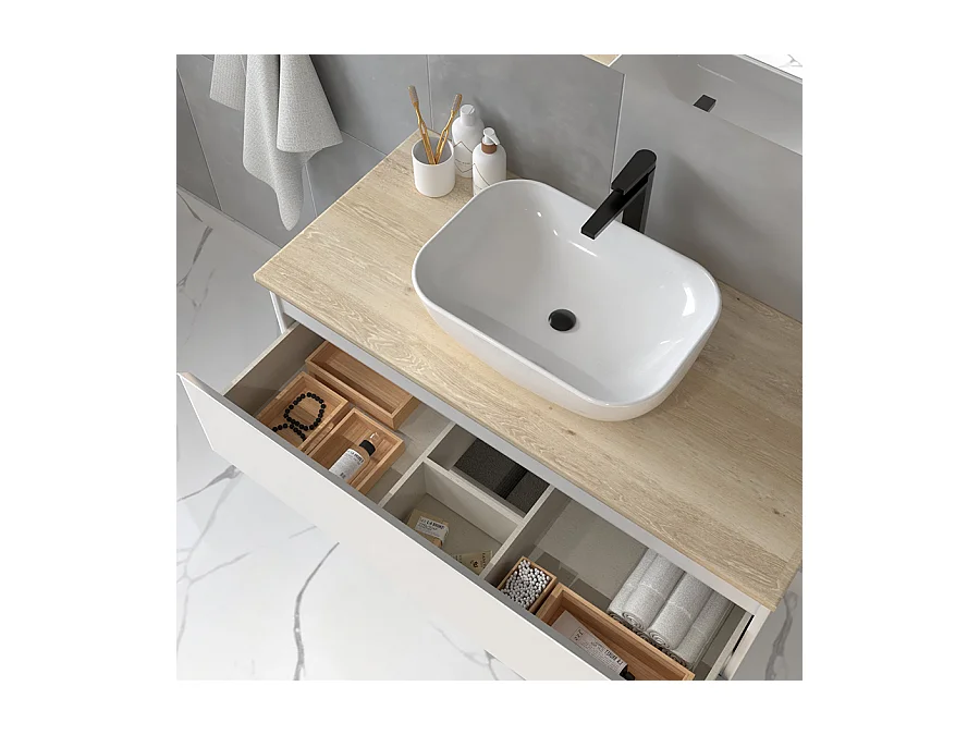 Meuble de salle de bain avec vasque à poser arrondie BALEA et miroir Led STAM - Blanc - 70cm