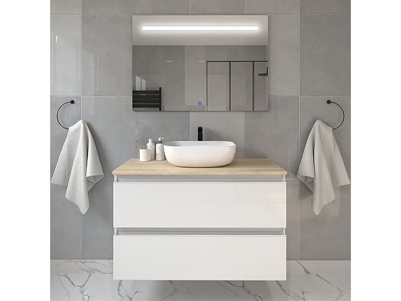 Meuble de salle de bain avec vasque à poser arrondie BALEA et miroir Led STAM - Blanc - 70cm