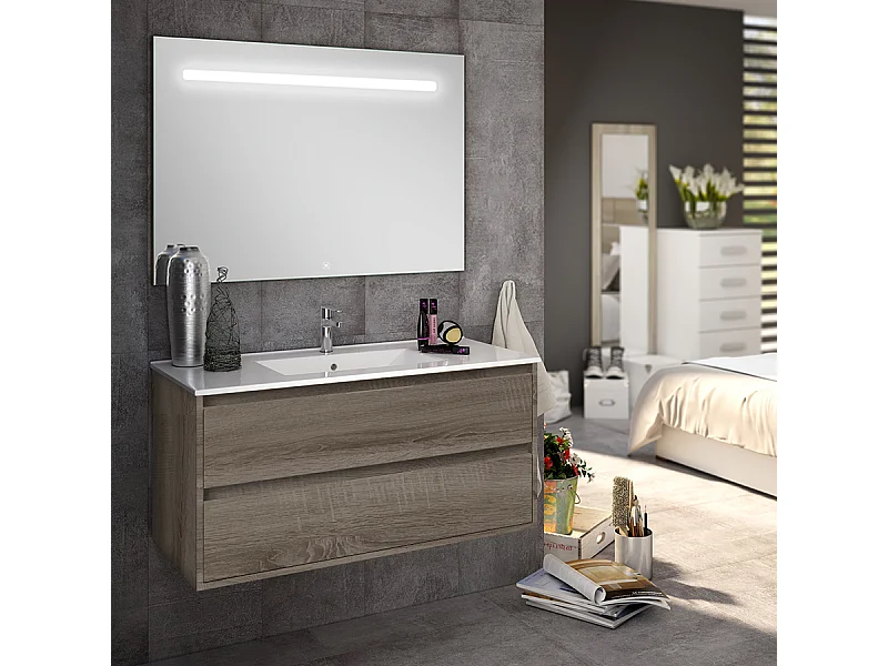 Meuble de salle de bain simple vasque - 2 tiroirs - IRIS et miroir Led STAM - britannia (chêne foncé) - 80cm