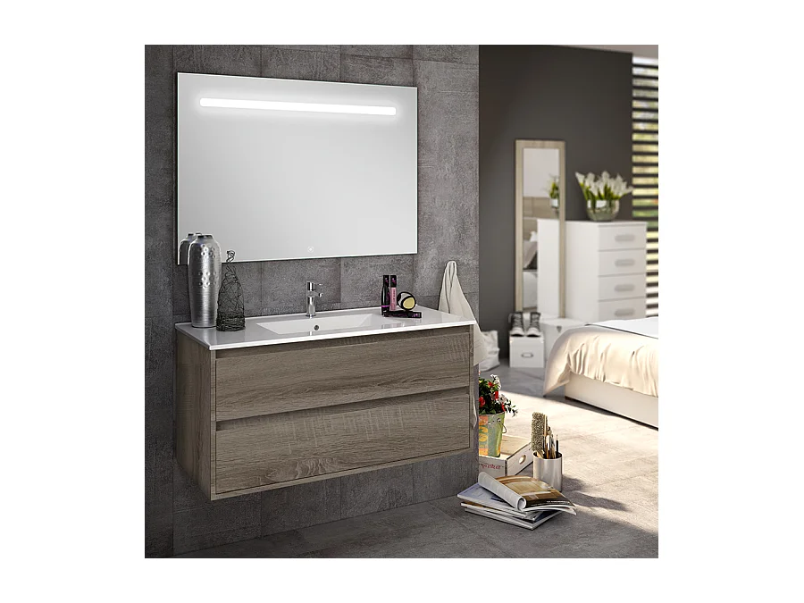 Meuble de salle de bain simple vasque - 2 tiroirs - IRIS et miroir Led STAM - britannia (chêne foncé) - 80cm