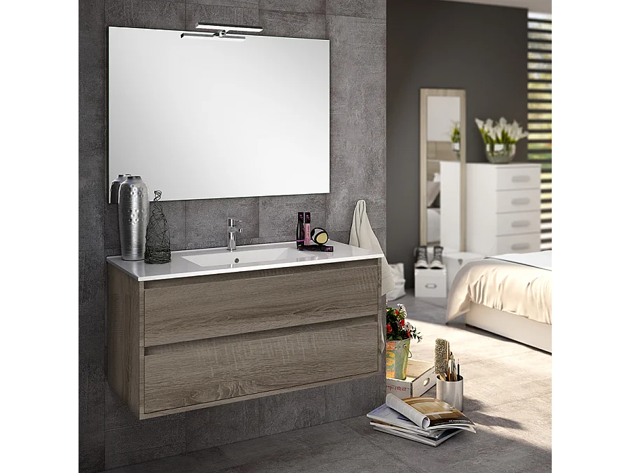 Meuble de salle de bain simple vasque - 2 tiroirs - IRIS et miroir Led STAM - britannia (chêne foncé) - 80cm