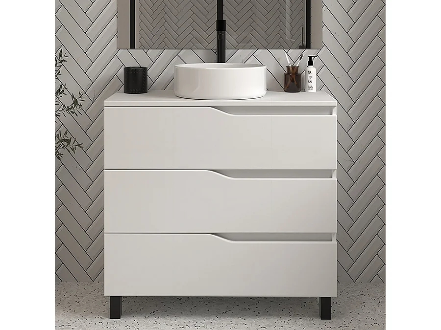 Meuble de salle de bain 70cm avec plateau et vasque à poser - 3 tiroirs - sans miroir - blanc - MATA