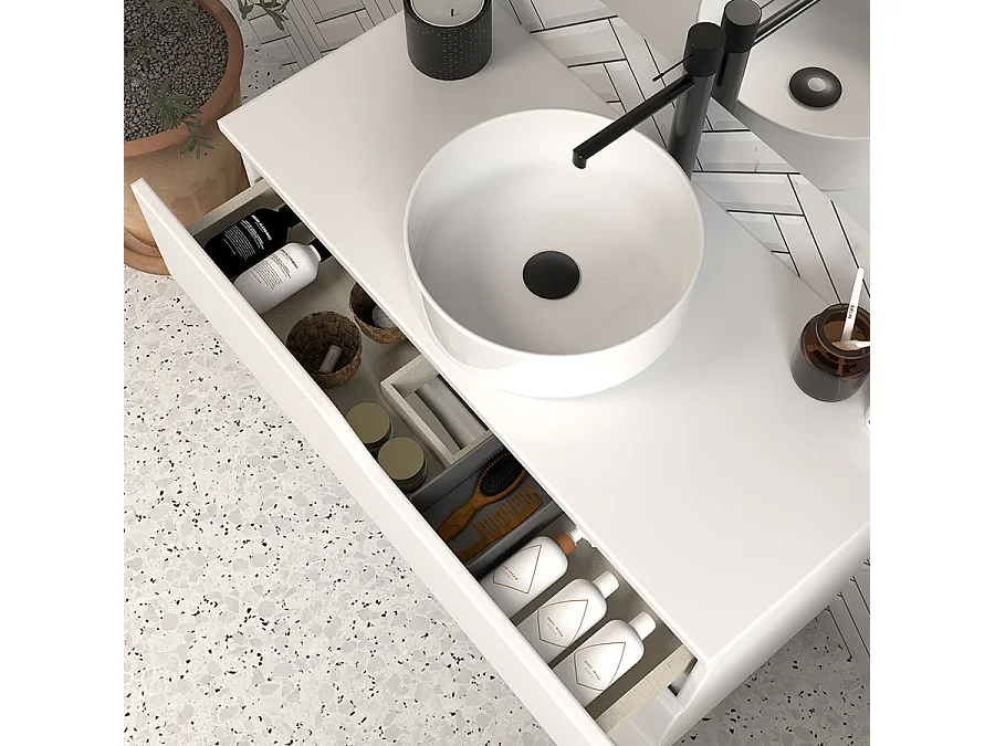 Meuble de salle de bain 70cm avec plateau et vasque à poser - 3 tiroirs - sans miroir - blanc - MATA